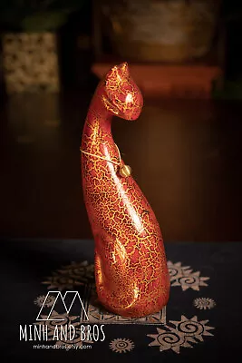 Handcrafted Lacquer Cat Sculpture Exquisite Son Mai Lacquer Masterworks • $200.54