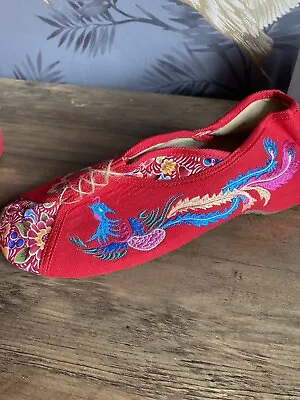 £7.99 • Buy Chinese Embroidered Flat Shoes Dragon & Floral, Red, Stunning! 5-6