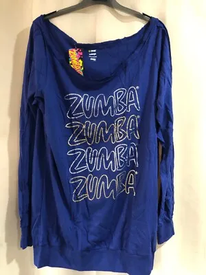 Zumba Blue Gold Sequins Long Sleeve T Shirt Ladies Top Dance Size 8 10 12 14 16 • £7.99