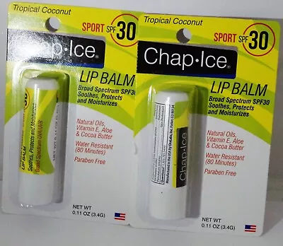 2 Chap-Ice Lip Balm Tropical Coconut SPF30 Vitamin E Aloe Water Resistant 80 Min • $14.99