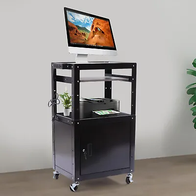 Adjustable Height Black Metal A/V Cart W/ Pullout Keyboard Tray/Locking Cabinet • $203
