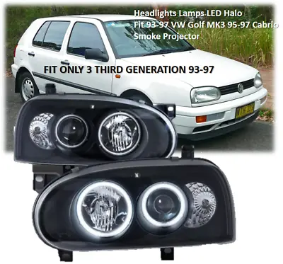 Headlights Lamps LED Halo Fit 93-97 VW Golf MK3 95-97 Cabrio Smoke Projector • $155.96