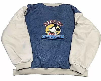 Vintage Disney World Mickey Mouse Denim Embroidered Varsity Bomber Jacket XL • $94.99