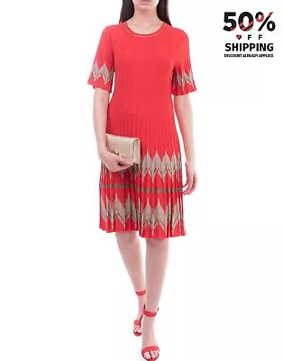 RRP€520 D.EXTERIOR Knit Trapeze Dress Size S Chevron Ribbed Lame Short Sleeve • $87.09
