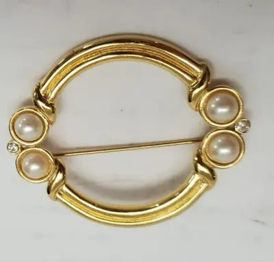 Vintage Monet Brooch Circle Wreath With Faux Pearls & Tiny Rhinestones On Sides • $12