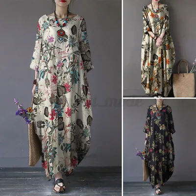 Womens Long Sleeve Floral Printed Casual Loose Kaftan Baggy Party Maxi Dress **/ • £18.90