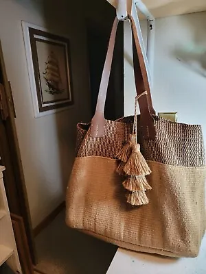 J Jill Mixed Stripes Jute Tote Bag Natural Brown Leather Handles Hassle Accent  • $39.99