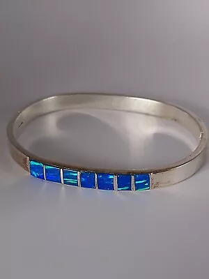 VTG  Sterling SILVER Blue Opal Inlay Cuff Hinged Bracelet 925 23 GRAMS • $55