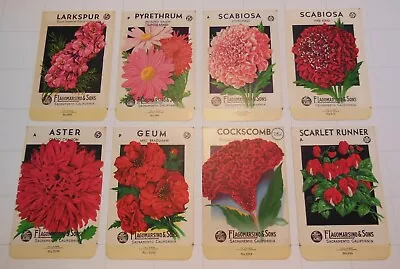 8 Vintage FLOWER SEED PACKS (S59)-Schmidt Litho-Lagomarsino-3 1/4  X 5 -Larkspur • $14