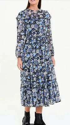 Blue Floral Chiffon Frilled Tiered Ruffle Boho Bohemian Prairie Maxi Dress 18 • £25