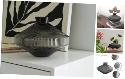 Glass Vase Ribbed Flower Vase Round Fluted Vase With Small Mouth Medium Gray • $22.01