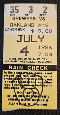 Milwaukee Brewers Oakland A's Baseball Ticket Stub 7/4 1986 Dusty Baker HR # 241 • $9.75