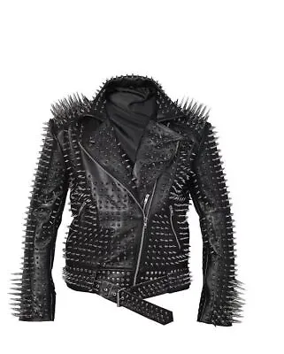 Men SPIKED Studded BLACK Leather Jacket Brando Full Steampunk Rocker Silver Long • $199.99