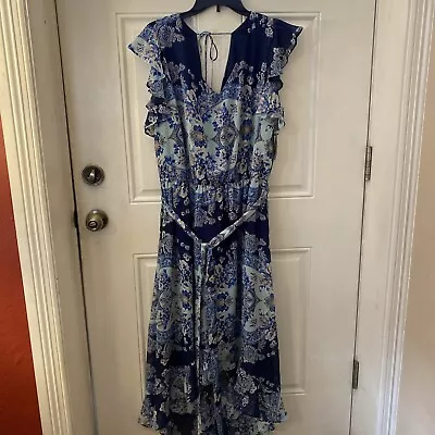 NWT 18W Maxi Dress High Low Navy Aqua Floral Flutter Sleeve Ruffle R&K Original • $24