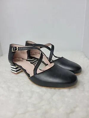 Miss L Fire 60's Women's Shoes Size 6.5 Cross Straps Black & White Pump Sandals • $140