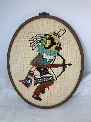 Vintage Needlepoint Bumble Bee Kachina Oval Wall Hanging With Wooden Edge Hopi • $12