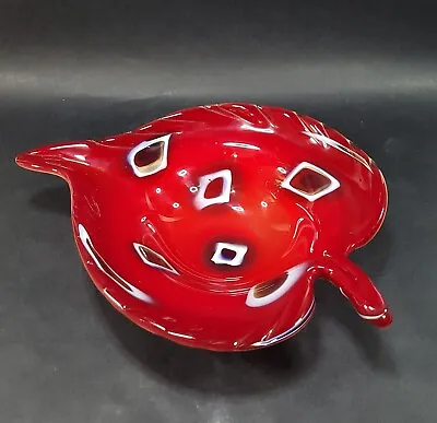 Murano Art Glass Leaf Bowl Millefiori Cased Red Glass Dish 11.5 Inch Long • $54.97