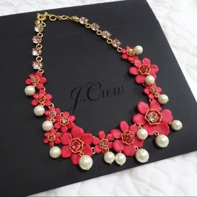$39.99 • Buy AUTH NEW $158 J. Crew Pearl &Crystal Floral Statement Necklace BRIGHT CERISE Red