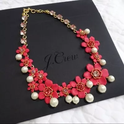 $39.99 • Buy AUTH NEW $158 J. Crew Pearl &Crystal Floral Statement Necklace BRIGHT CERISE Red