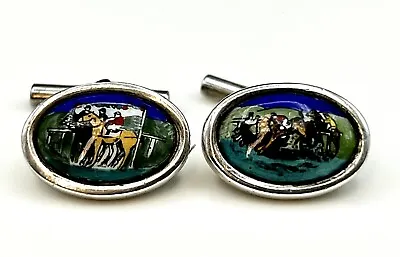 Rare Vintage Solid Silver & Enamel Porcelain Horse Racing Scene London 1999 • £229.99