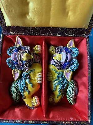 4 1/2  Chinese Pair Wucai Porcelain Koji Pottery Foo Dog Lion Fengshui Stamped • $189.95