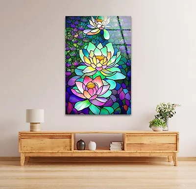 Stained Lotus Flower Tempered Glass Wall Art • $95