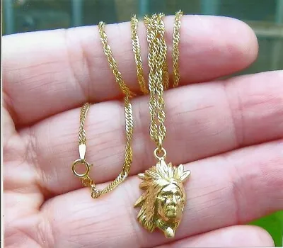 Solid Gold American Indian Chief With Head Dress Pendant And Chain • $483.84