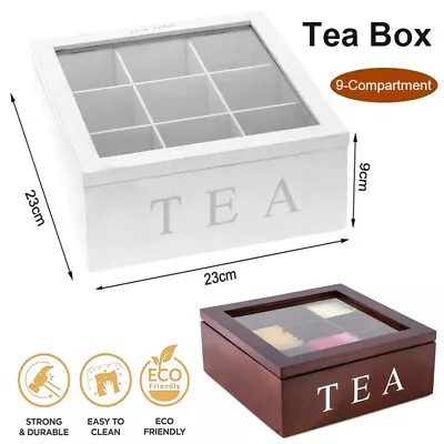 Wooden Tea Box 9-Compartment Tea Bag Chest Box Storage Organizer With Glass Lid • $39.67