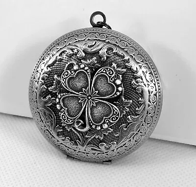 Shamrock 4 Leaf Clover Locket Necklace Vtg Antique Silver Irish Celtic Pill Box • $43.95