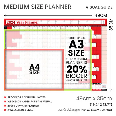 2024 Wall Planner Calendar Year Chart Poster Home Office Work RED A0 A1 A2 A3 • £29.95