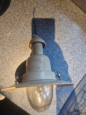 £15 • Buy Vintage Antique Industrial Cream Enamel & Glass Fisherman Ceiling Pendant Lamp
