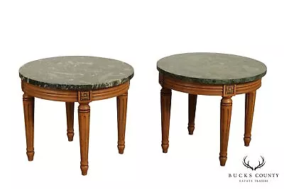 French Louis XVI Style Vintage Walnut Pair Round Marble Top Side Tables • $795