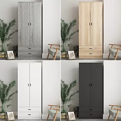 Tall Wooden 2 Door Wardrobe With 2 Drawers Bedroom Storage Hanging Bar Clothes • £129.99