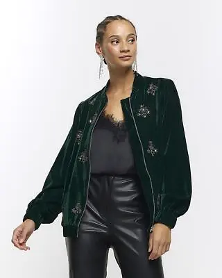 River Island Womens Green Bomber Velvet Jacket Size S • £30