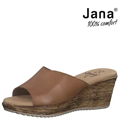 Jana Mules Sandals Shoes Size UK 6 Leather 100% Comfort Wedges Slip On - Gognac • £27
