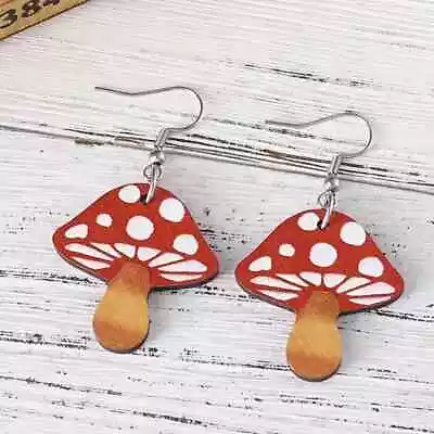 1 Pair Red Cap Wooden Mushroom Dangle Earrings Flat Special Gift THB-106 • $8.95
