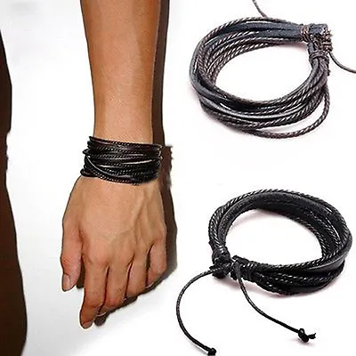 Fashion Women Men Surfer Tribal Wrap Multilayer Leather Cuff Bracelet Jewelry • £2.51