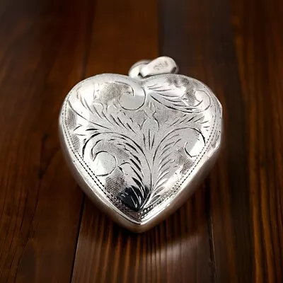 Vintage Sterling Silver Etched Large Heart Picture Locket Pendant # 7802 • $13.50