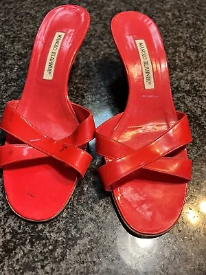 Manolo Blahnik Kitten Heels Sandals Slides Sz 39 Patent Leatherhot Pink Color  • $99