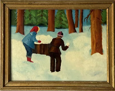 FIGURATIVE ANTIQUE MODERN  FOLK ART LANDSCAPE OIL PAINTING OLD WINTER SNOW 1950s • $475