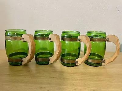 Vintage Siesta Ware 4 Piece Set Green Glass Banded Barrel Mugs With Wood Handles • $20