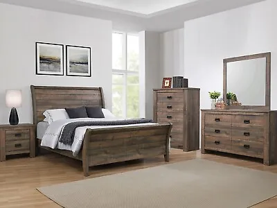 Modern Rustic Furniture - 5 Piece Queen Sleigh Bedroom Set In Brown Finish IL70 • $1531.72