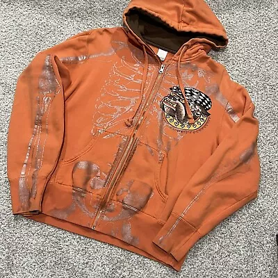 Ed Hardy Hoodie Medium Vtg Y2K Skeleton Print Orange Full Zip Bulldog Terry • $249.99