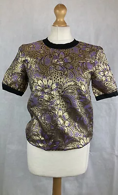 Marni At H&M Women’s Purple Gold Metallic Floral Short Sleeve Boxy Top UK6 116 • £23.99