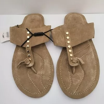 ZARA FLAT SPLIT SUEDE SLIDER SANDALS WITH STUDS Beige SIZE 10 | 1631/110/102 • $89