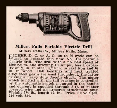 1926 Ad  Millers Falls Electrical Portable Drill 60 Cycle Cast Iron  • $12.99