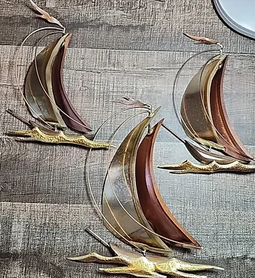 Vtg Mid Century Modern Wall Art Hanging Sail Boats Brass Copper Metal Wood Set 3 • £33.25