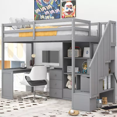 Solid Wood Loft Bed With Desk & Storage Cabinet Shelves Staircases Twin Size Bed • $899.99