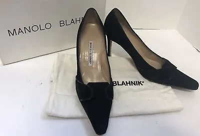 MANOLO BLAHNIK Black Suede Carolyne Calf Pointed Toe Heels Sz 37 1/2/US 7 1/2 • $63.75