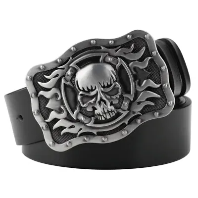 Real Leather Belt Retro Skull Buckle Waistband Punk Rock Biker Unisex Waist Belt • $24.99